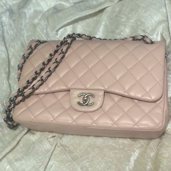 RARE* Chanel Caviar Leather Quilted Classic Jumbo Double Flap - Pale Pink - Picture 1 of 11